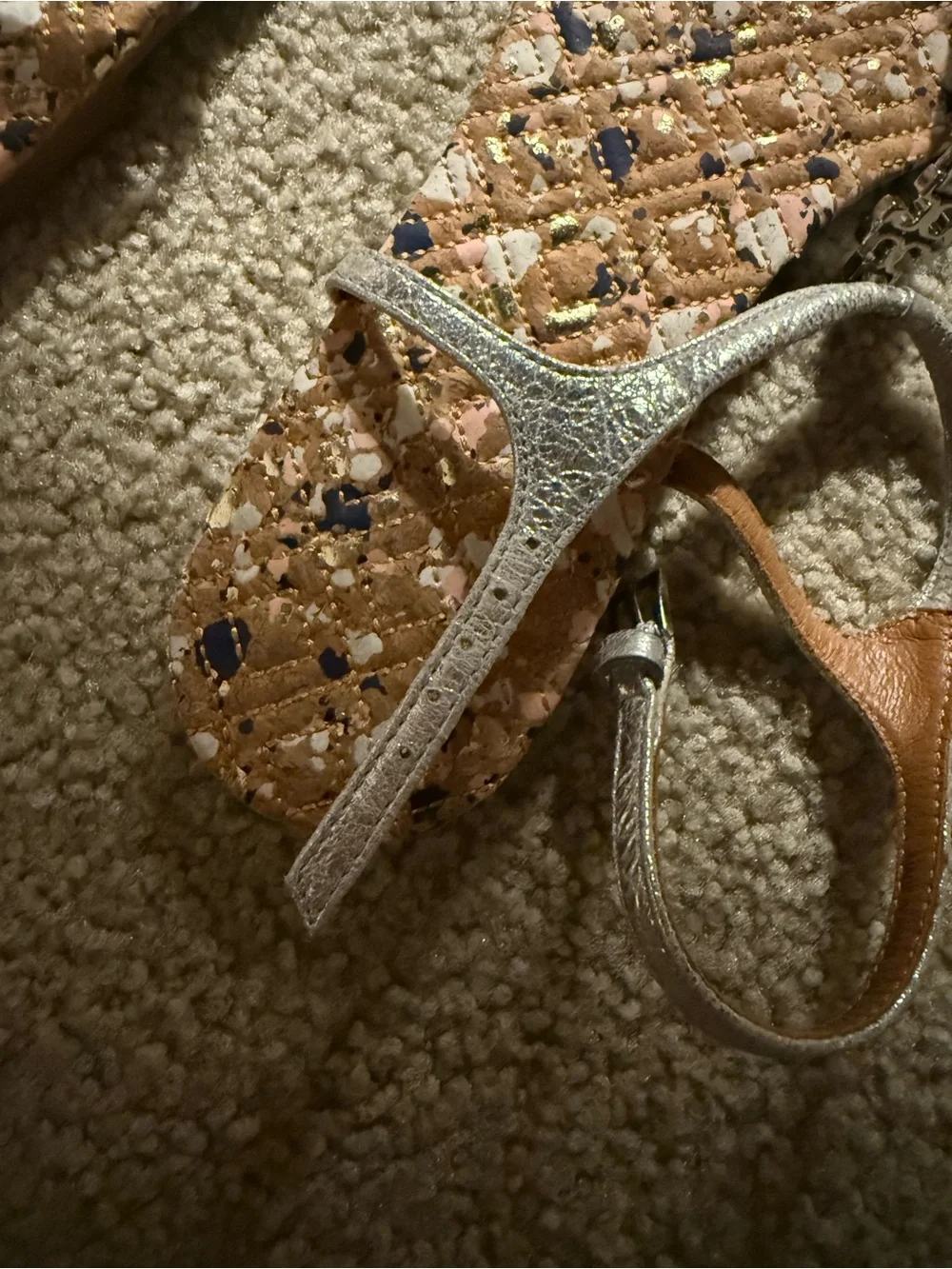 Tory Burch Rose Gold Metallic T-Strap Sandals with Multicolor Cork Insole